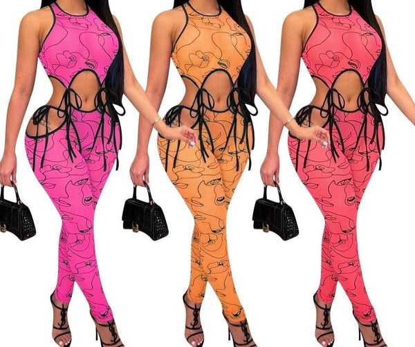 Women Sexy Cut Out Sleeveless Printed Two Piece Pant Set
