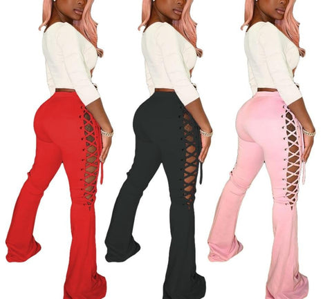 Women Solid Color Side Lace Up Fashion Wide Leg Pants