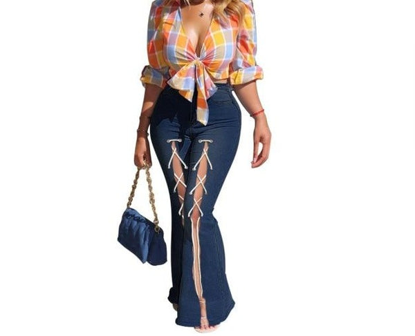 Women High Waist Fashion Wide Leg Lace Up Denim Pants