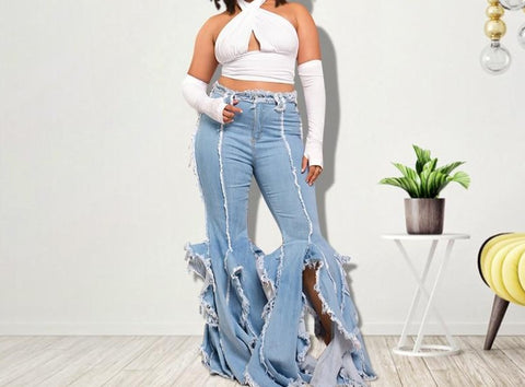 Women Distressed Ripped Fashion Wide Leg Denim Pants