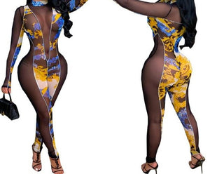 Women Sexy Mesh Printed Patchwork Fashion Jumpsuit