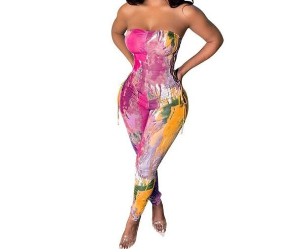 Women Strapless Side Lace Up Sexy Colorful Fashion Jumpsuit