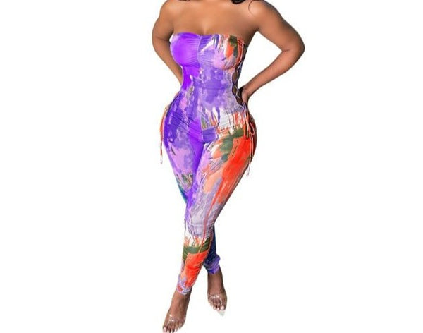 Women Strapless Side Lace Up Sexy Colorful Fashion Jumpsuit