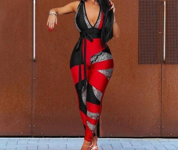 Women Sexy Sleeveless V-Neck Color Print Fashion Jumpsuit
