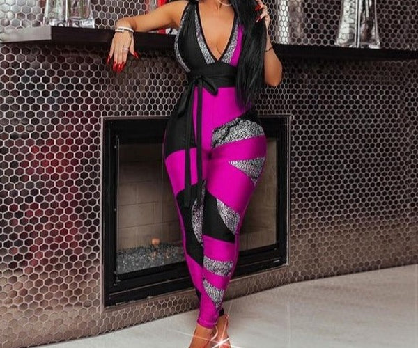 Women Sexy Sleeveless V-Neck Color Print Fashion Jumpsuit