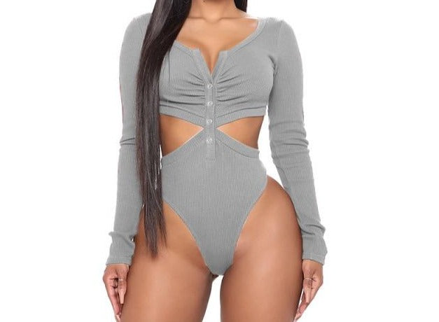 Women Ribbed Sexy Cut Out Full Sleeve Bodysuit Top