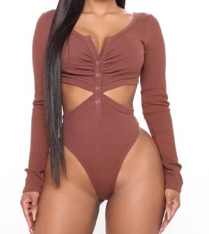 Women Ribbed Sexy Cut Out Full Sleeve Bodysuit Top