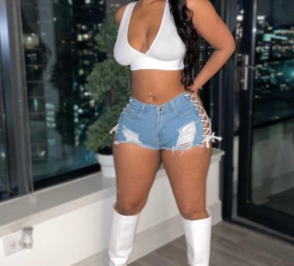 Women Ripped Sexy Side Lace Up Fashion Mini Denim Shorts