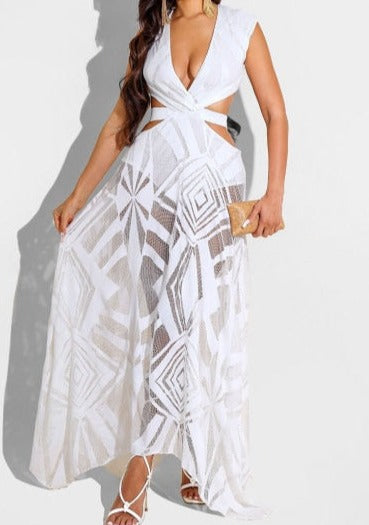 Women Printed Mesh Patchwork Sleeveless Sexy Cut Out Maxi Dress