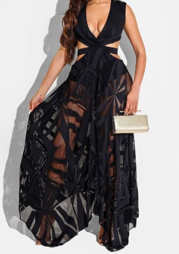 Women Printed Mesh Patchwork Sleeveless Sexy Cut Out Maxi Dress