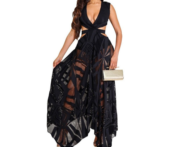 Women Printed Mesh Patchwork Sleeveless Sexy Cut Out Maxi Dress