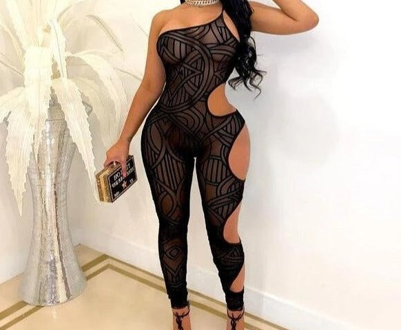 Women Sexy See Through Mesh One Shoulder Cut Out Jumpsuit