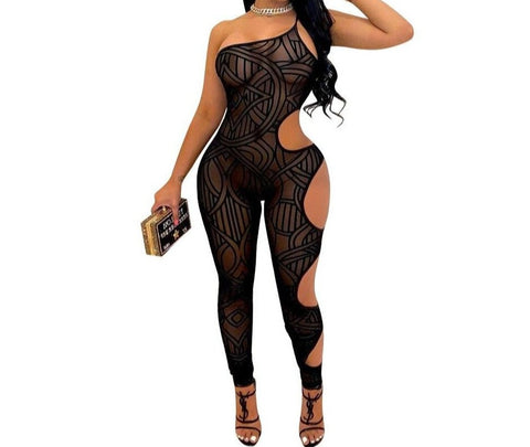 Women Sexy See Through Mesh One Shoulder Cut Out Jumpsuit