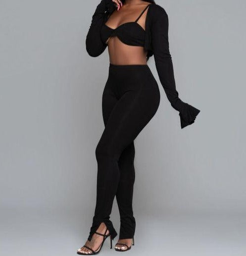 Women Three Piece Solid Color Fashion Flare Full Sleeve Pant Set