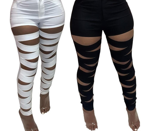 Women Black/White Cut Out Fashion Skinny Pants