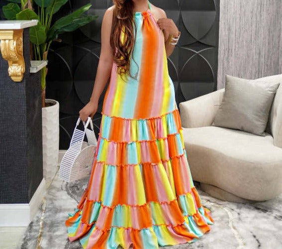 Women Sexy Rainbow Striped Halter Ruffle Maxi Dress