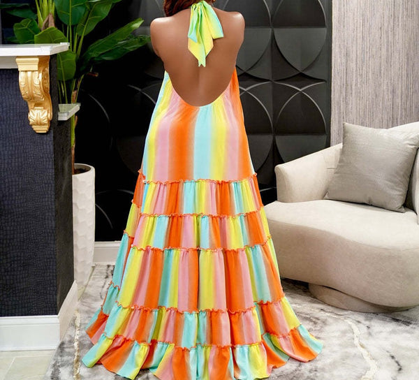 Women Sexy Rainbow Striped Halter Ruffle Maxi Dress