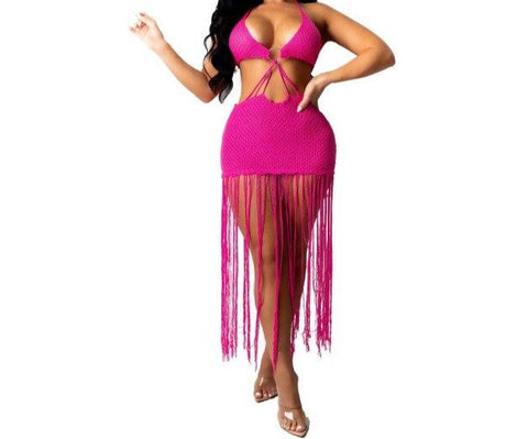 Women Sexy Fashion Halter Backless Knitted Beachwear Tassel Dress
