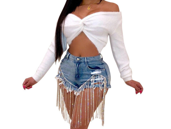 Women Vintage Sequins Tassel Denim Shorts