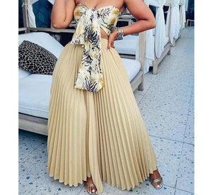 Women Strapless Two Piece Sexy Pleated Maxi Skirt Set