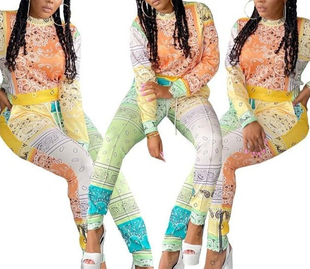 Women Fashion Two Piece Bandanna Paisley Print Tracksuit Pant Set