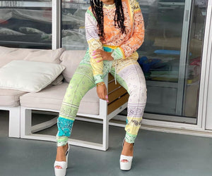 Women Fashion Two Piece Bandanna Paisley Print Tracksuit Pant Set