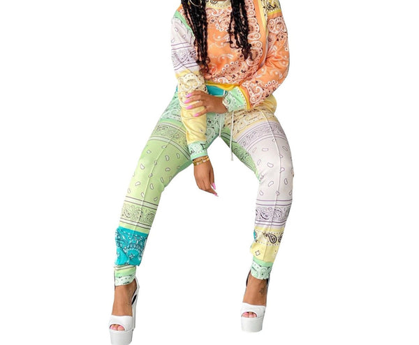 Women Fashion Two Piece Bandanna Paisley Print Tracksuit Pant Set