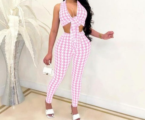 Women Fashion V-Neck Crop Two Piece Printed Pant Set