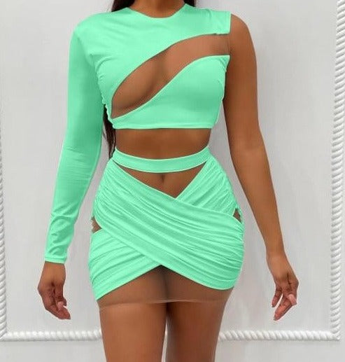 Women One Shoulder Mesh Patchwork Two Piece Sexy Skirt Set
