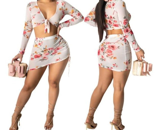 Women Sexy Floral Mesh Two Piece Crop Skirt Set