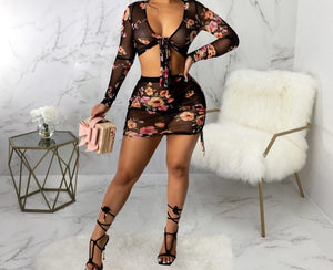 Women Sexy Floral Mesh Two Piece Crop Skirt Set