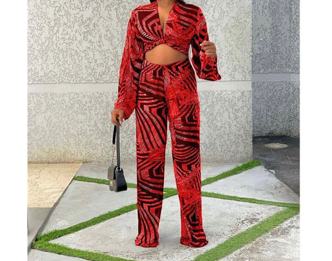 Women Printed Two Piece Fashion Full Sleeve Wide Leg Pant Set