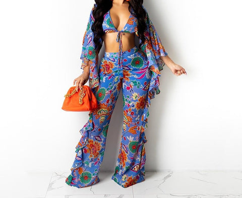 Women Sexy Printed Ruffled Two Piece Crop Wide Leg Pant Set