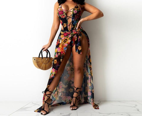Women Floral Print Sexy Fashion Swimsuit Cover Up Set