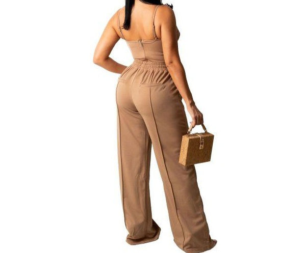 Women Fashion Solid Color Sleeveless Two Piece Pant Set