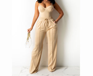 Women Fashion Solid Color Sleeveless Two Piece Pant Set