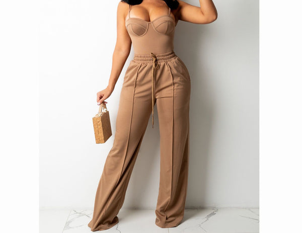 Women Fashion Solid Color Sleeveless Two Piece Pant Set