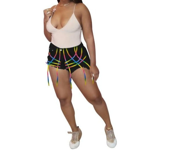 Women Black Rainbow Tassel Fashion Sexy Mini Denim Shorts