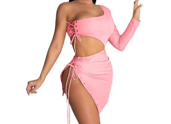 Women Sexy Lace Up One Shoulder Two Piece Skirt Set