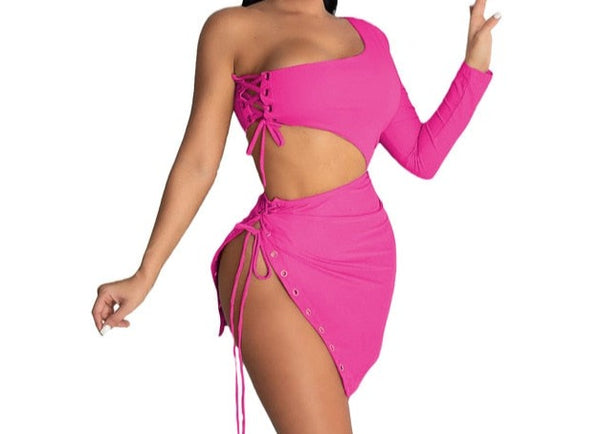 Women Sexy Lace Up One Shoulder Two Piece Skirt Set