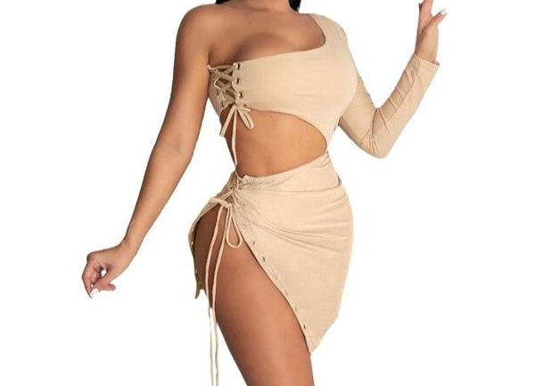 Women Sexy Lace Up One Shoulder Two Piece Skirt Set