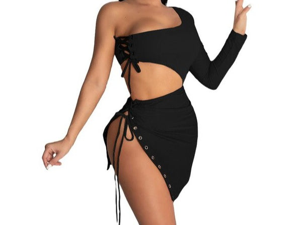 Women Sexy Lace Up One Shoulder Two Piece Skirt Set