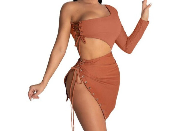 Women Sexy Lace Up One Shoulder Two Piece Skirt Set