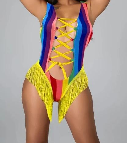 Women Rainbow Tassel Lace Up Fashion Swimsuit