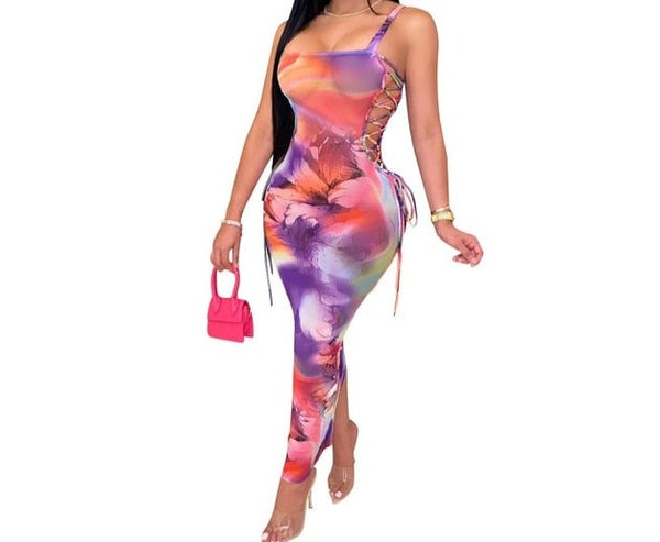 Women Sexy Tie Dye Mesh Lace Up Fashion Maxi Dress