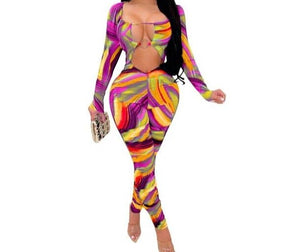 Women Long Sleeve Multicolored Fashion Cut Out Jumpsuit