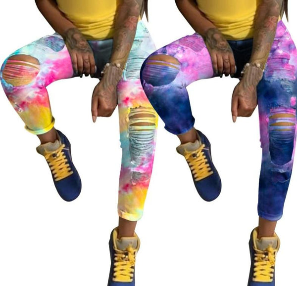 Women Tie Dye Ripped Fashion Denim Pants