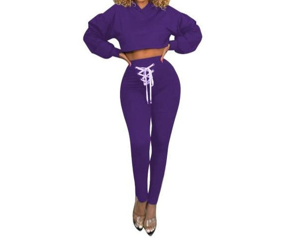 Women Hooded Two Piece Lace Up Solid Color Crop Pant Set