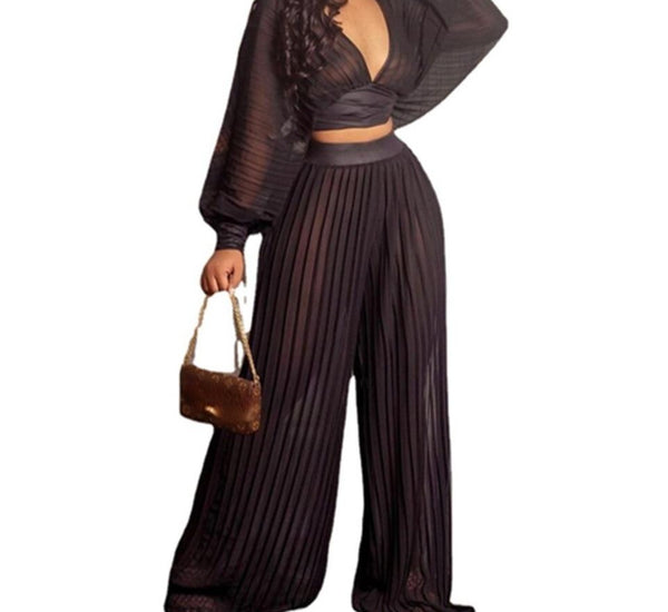 Women Black Sexy Pleated Two Piece Fashion Pant Set