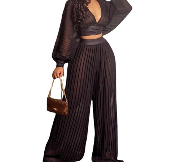 Women Black Sexy Pleated Two Piece Fashion Pant Set